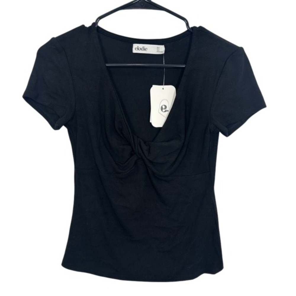 elodie Black Ribbed Twist Front V Neck Short Sleeve Top Womens Medium NWT Casual